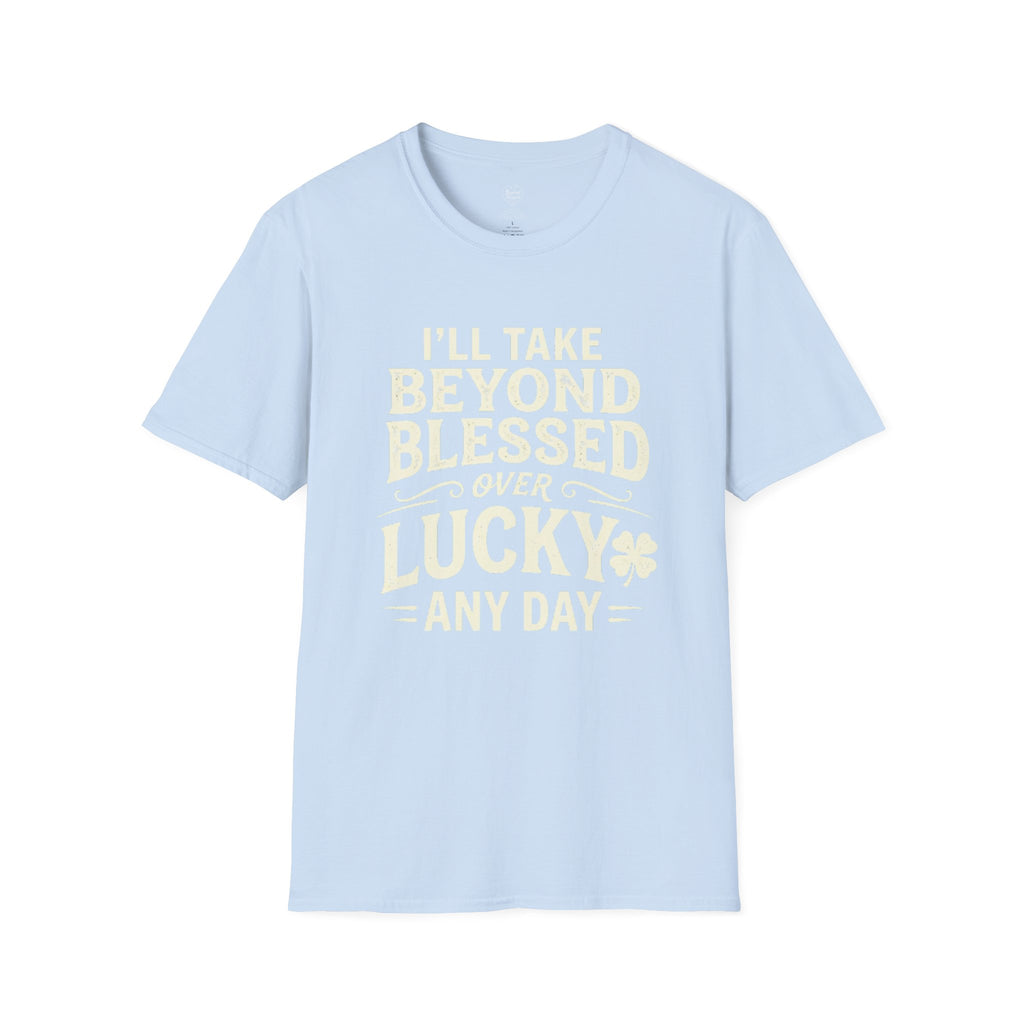 Light blue t-shirt with yellow text on a white background