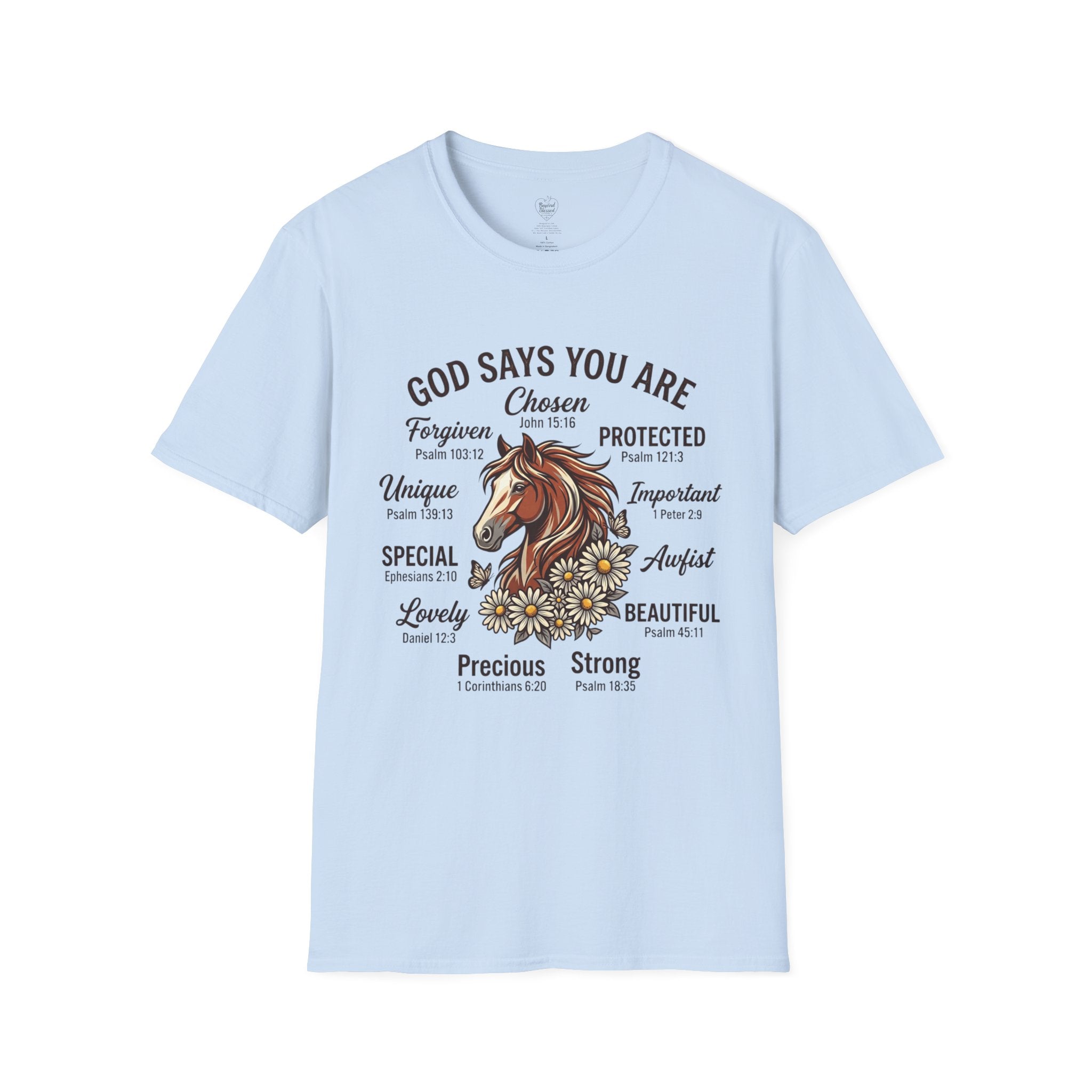 Christian T-Shirt — "God Says You Are" Inspirational Faith Tee Light Blue