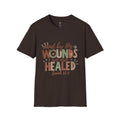 Isaiah 53:5 Christian T-Shirt — "By His Wounds We Are Healed" Dark Chocolate