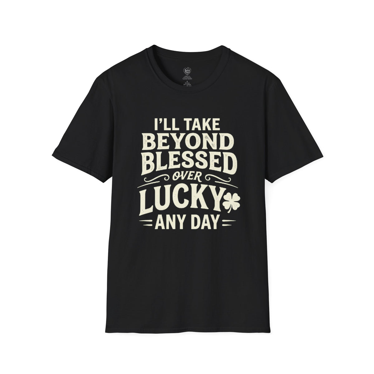 Black t-shirt with a white circular design featuring text and graphics on a white background