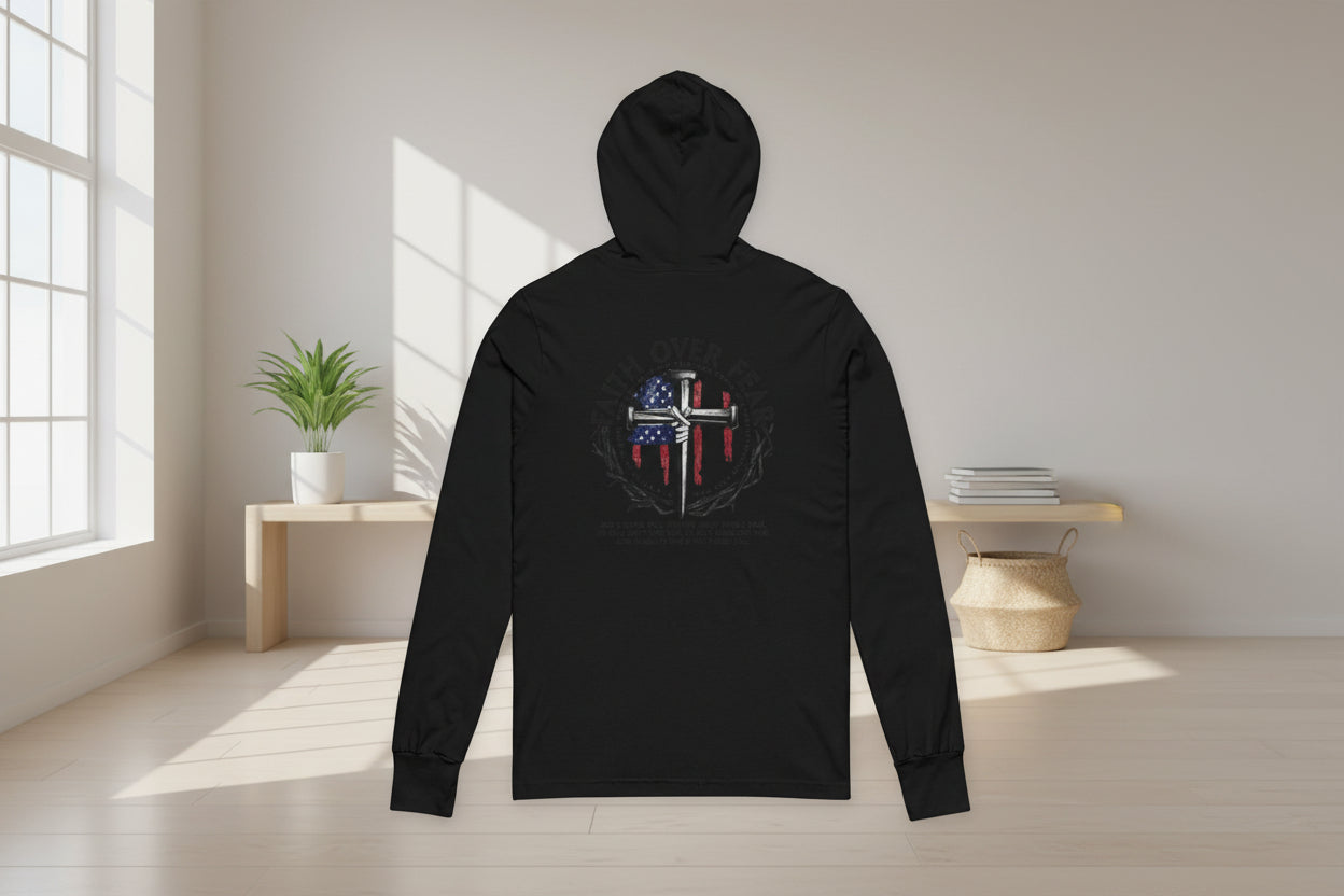 Faith Over Fear Hoodie Tee — Christian Cross Long Sleeve Hoodie Tee