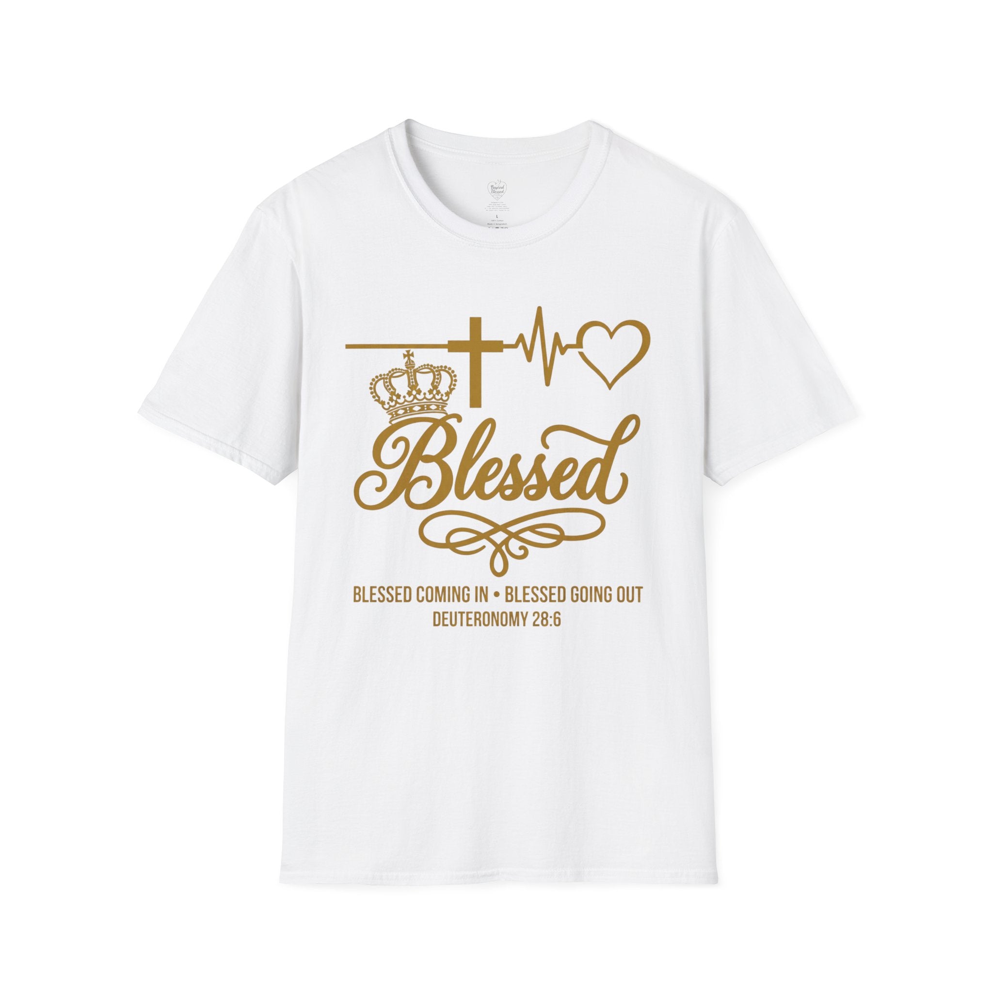 Deuteronomy 28:6 Christian T-Shirt — 'Blessed Going In & Going Out' White L