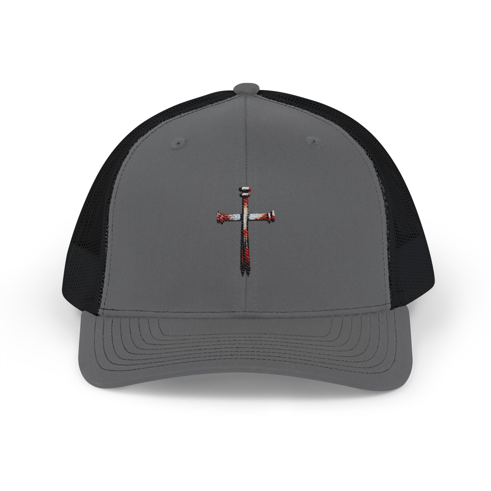 Nail Cross Embroidered Trucker Hat — Christian Snapback Cap One size Charcoal Black