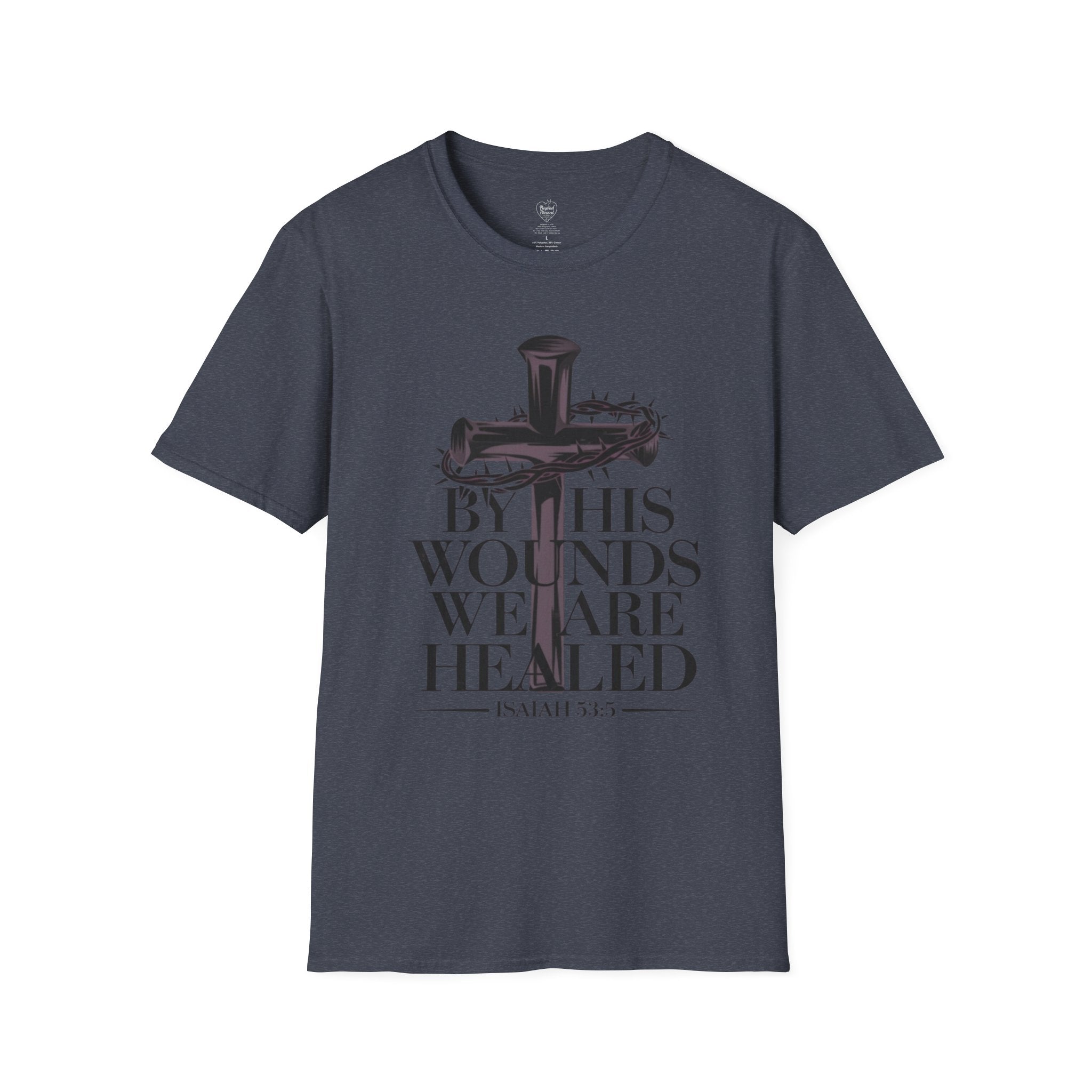 Isaiah 'By His Wounds We Are Healed' Cross T-Shirt Heather Navy