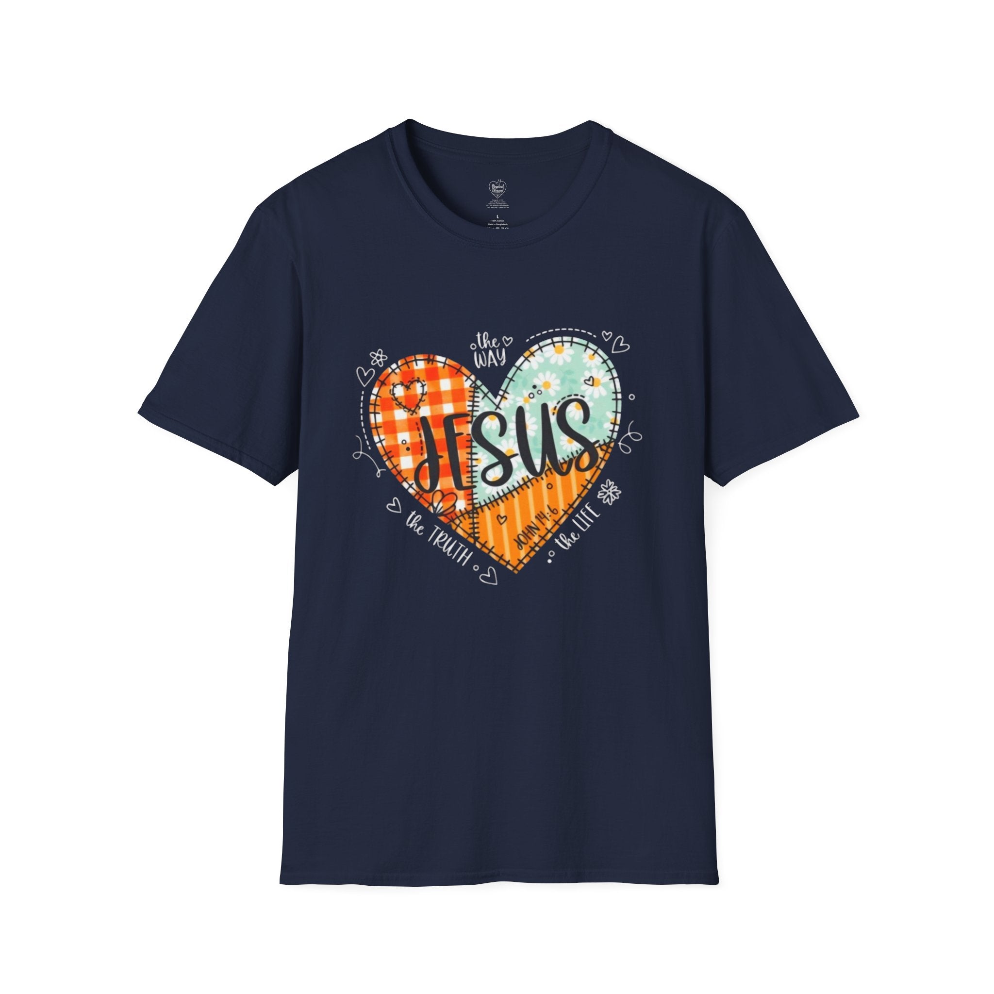 Jesus "The Way, The Truth, The Life" Patchwork Heart T-Shirt Navy
