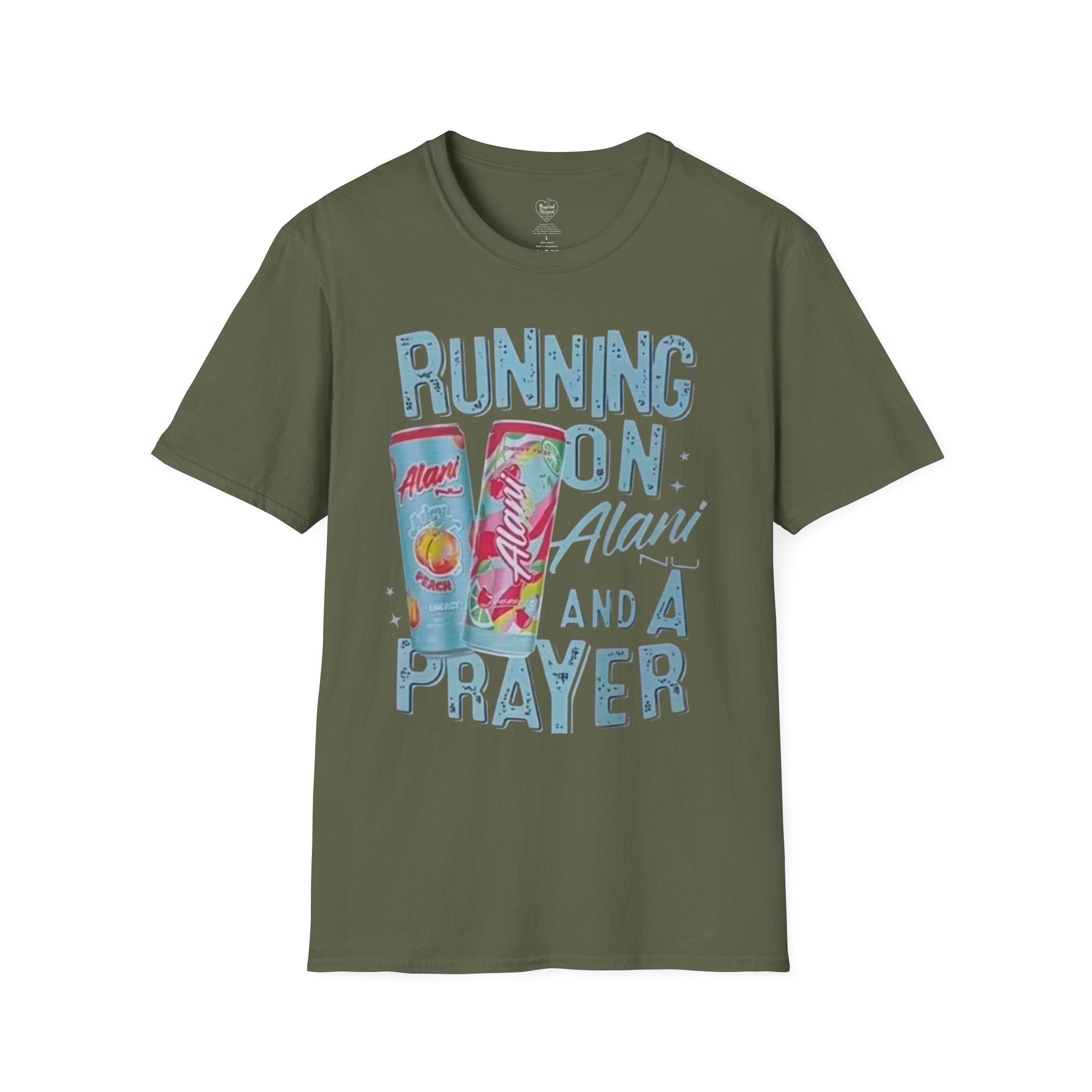 Christian T-Shirt — "Running on an Alani and a Prayer" Military Green