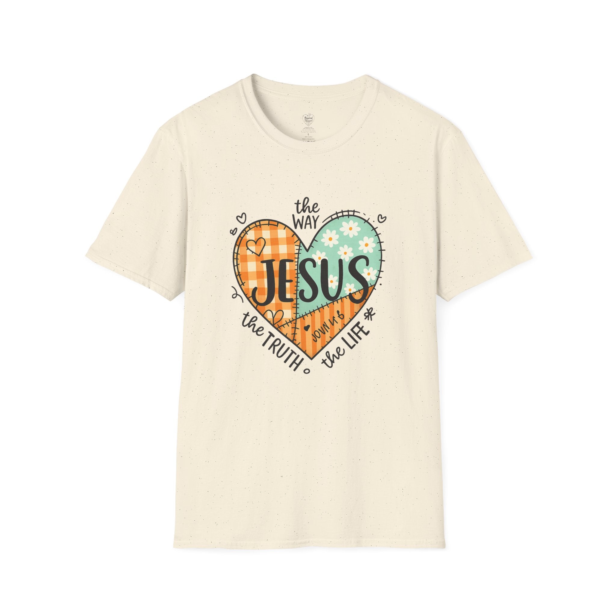 Jesus "The Way, The Truth, The Life" Patchwork Heart T-Shirt Natural