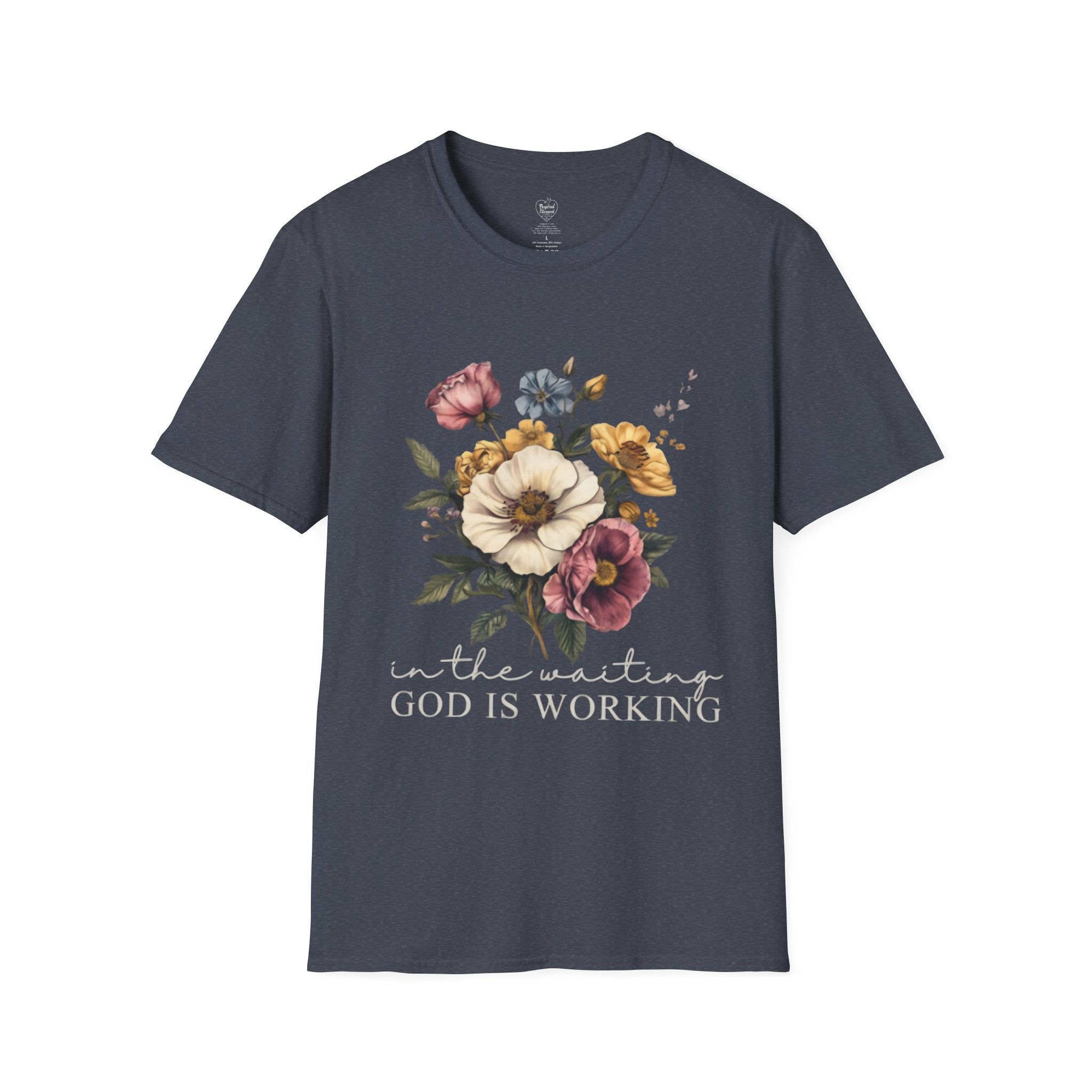 Christian T-Shirt — In the Waiting: God Is Working Heather Navy