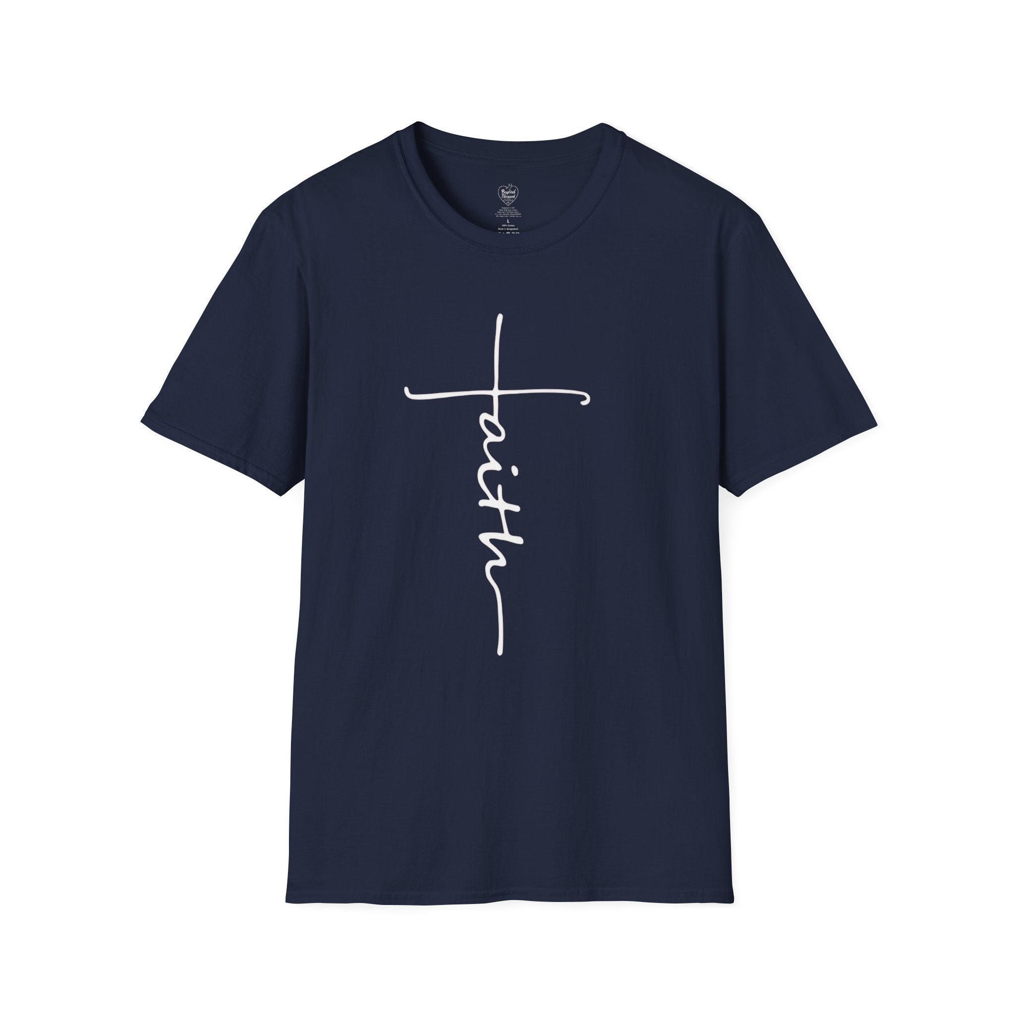 Cursive Faith Christian T‑Shirt – Minimalist Vertical Scripture Tee Navy