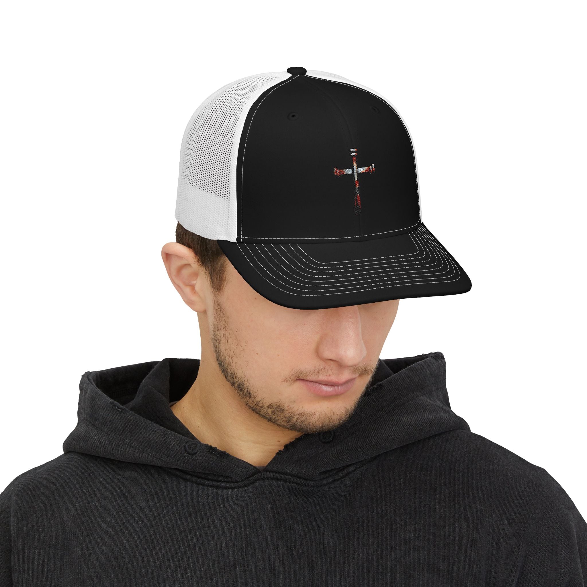 Nail Cross Embroidered Trucker Hat — Christian Snapback Cap