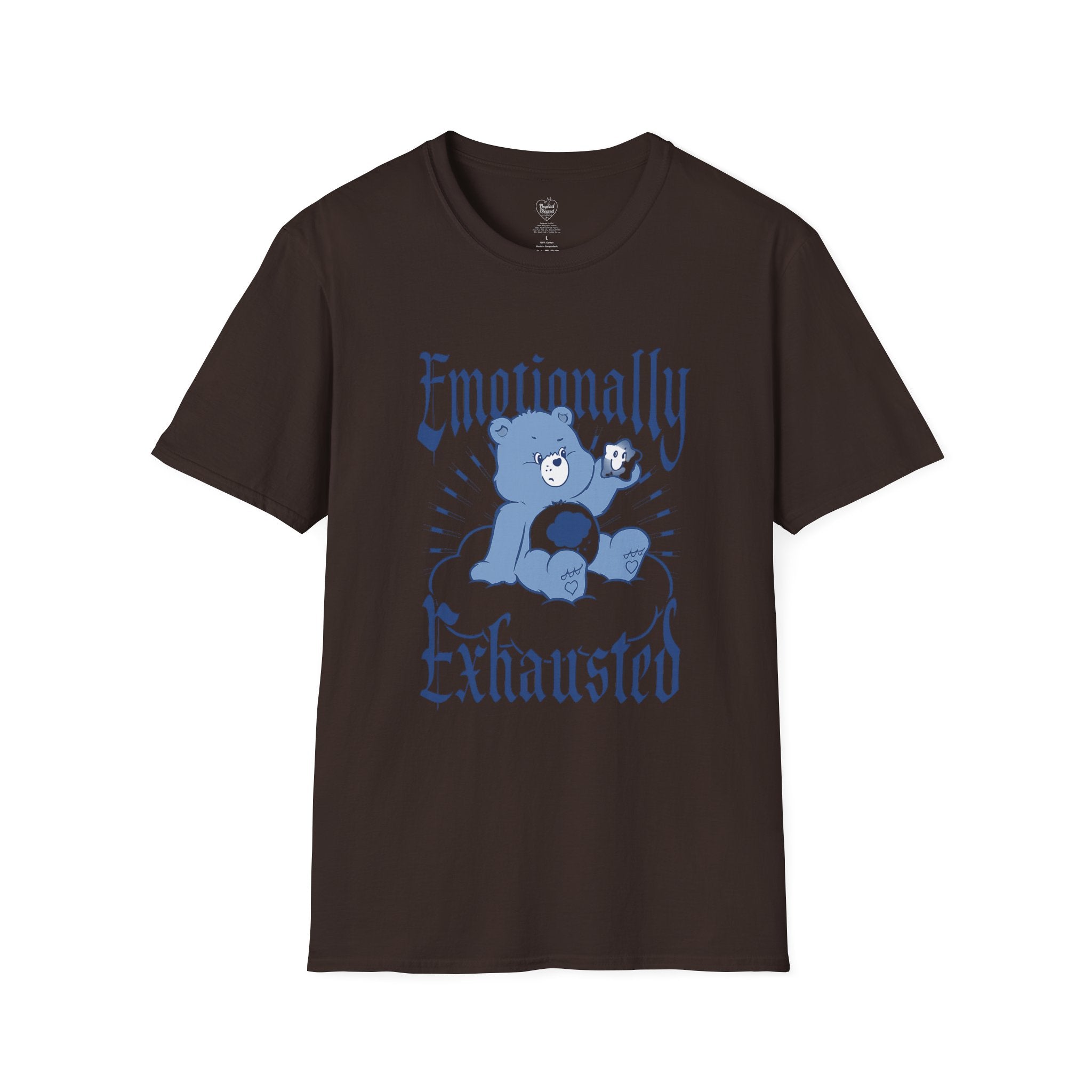 Emotionally Exhausted T-Shirt — Cute Blue Bear Graphic Tee Dark Chocolate