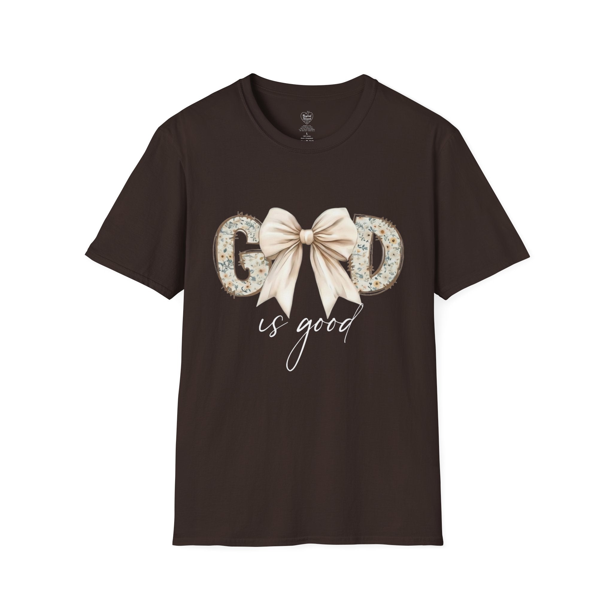 God Is Good Christian T‑Shirt – Floral Bow Faith Tee for Women Dark Chocolate