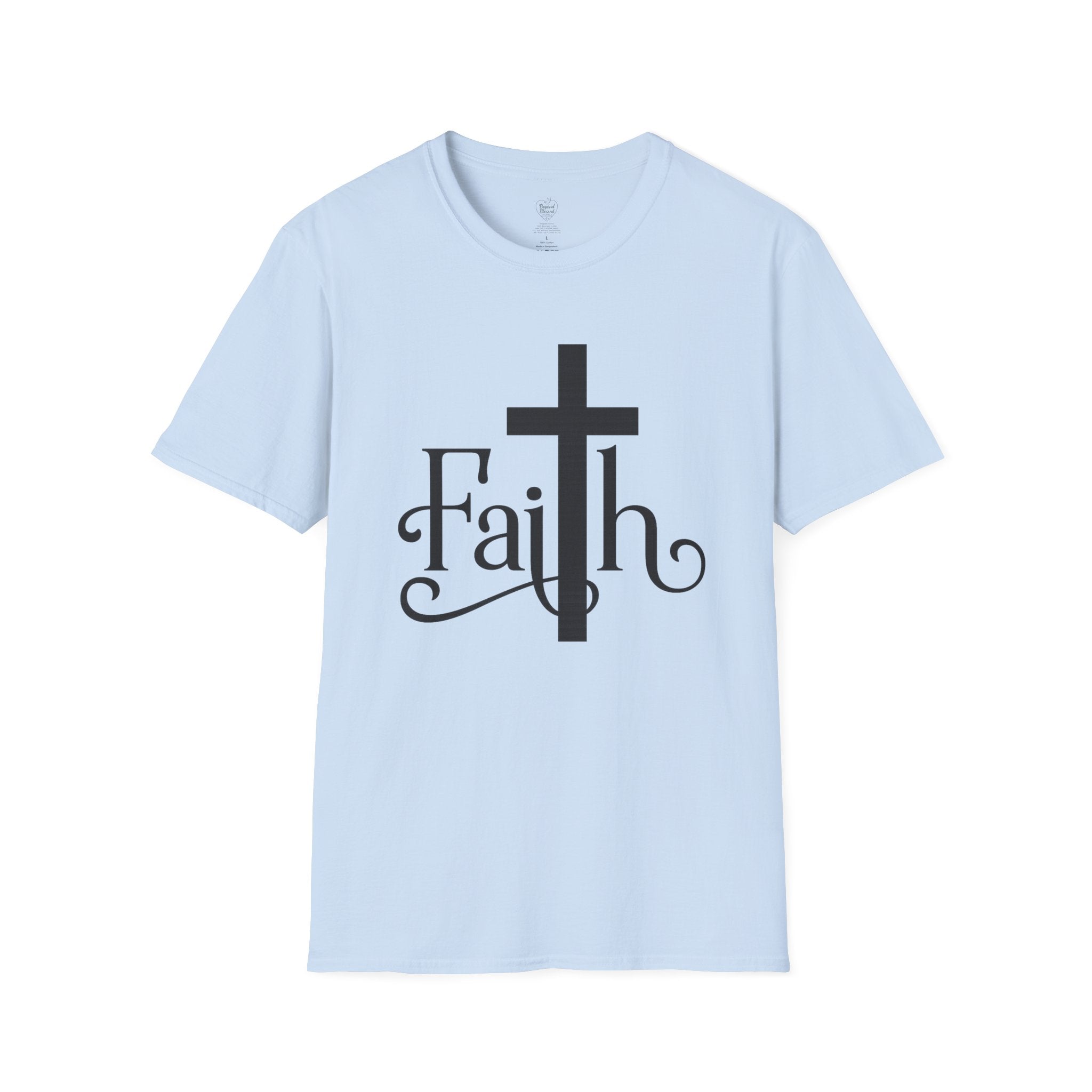 Faith Cross T-Shirt — Elegant Christian Inspirational Tee Light Blue
