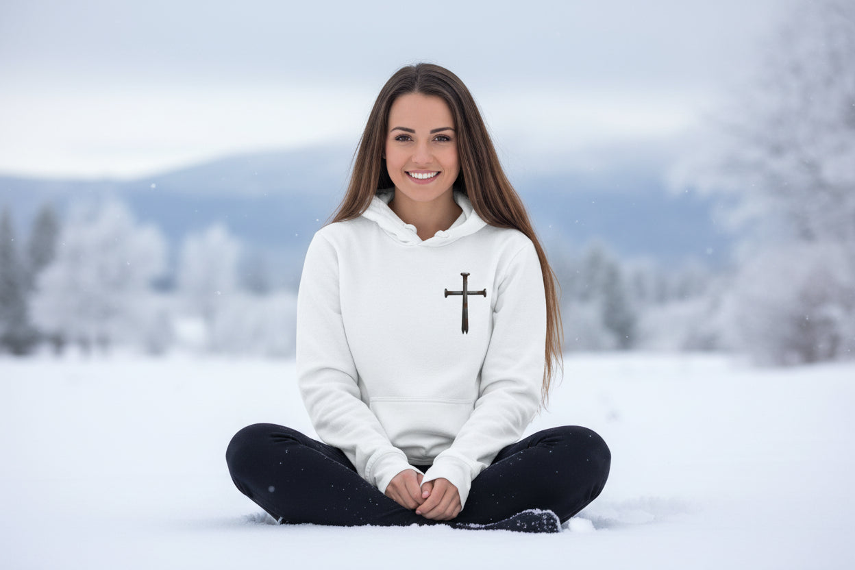 Faith Over Fear Hoodie Tee — Christian Cross Long Sleeve Hoodie Tee White