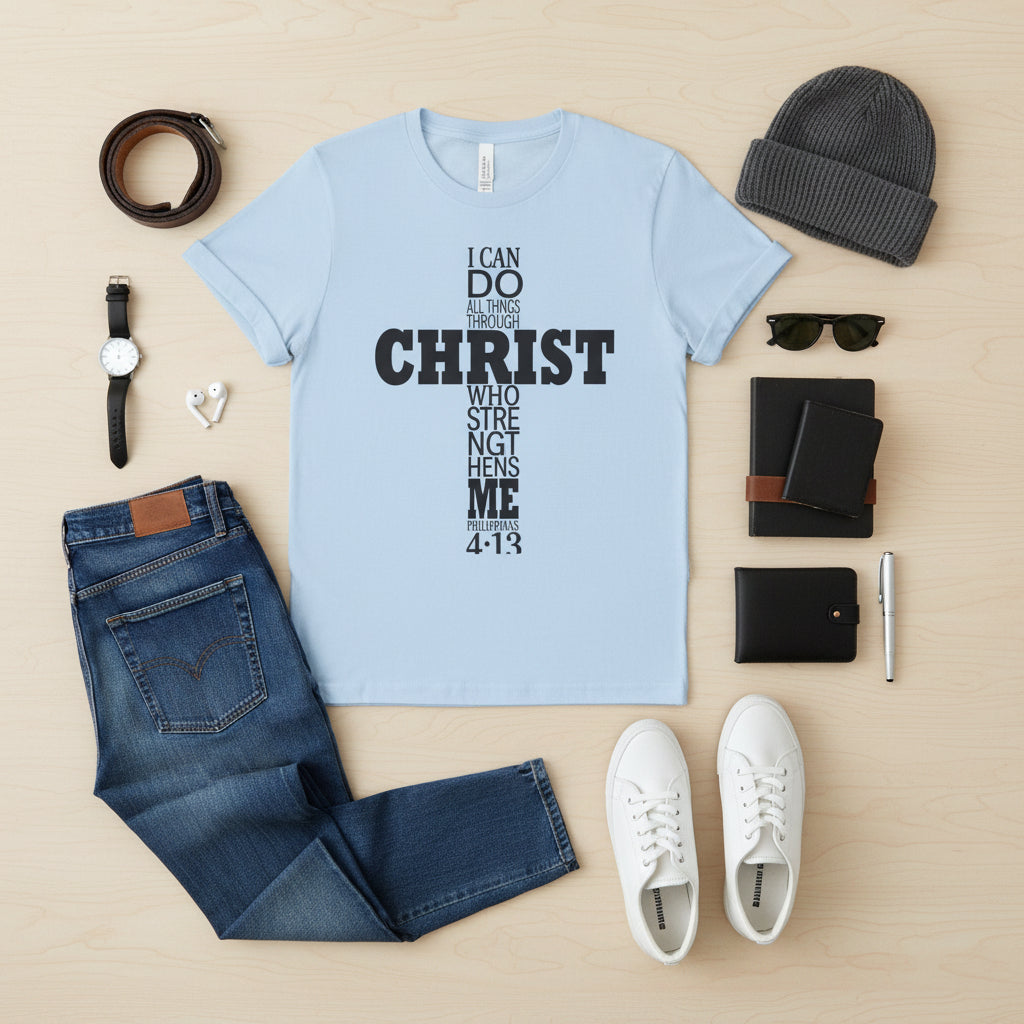 Cross Christian T‑Shirt – I Can Do All Things Through Christ Tee Light Blue