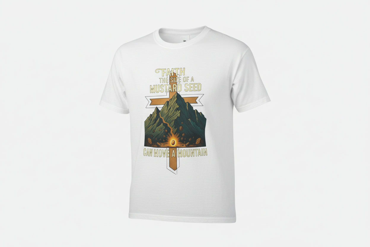 Faith Can Move Mountains T-Shirt — "Faith the Size of a Mustard Seed" Christian Tee White