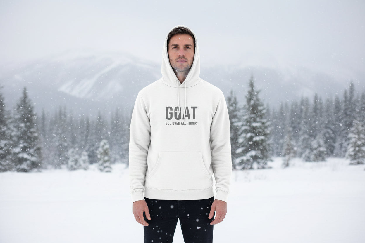 GOAT Hoodie Tee — "God Over All Things" Christian Long-Sleeve Hooded Shirt White