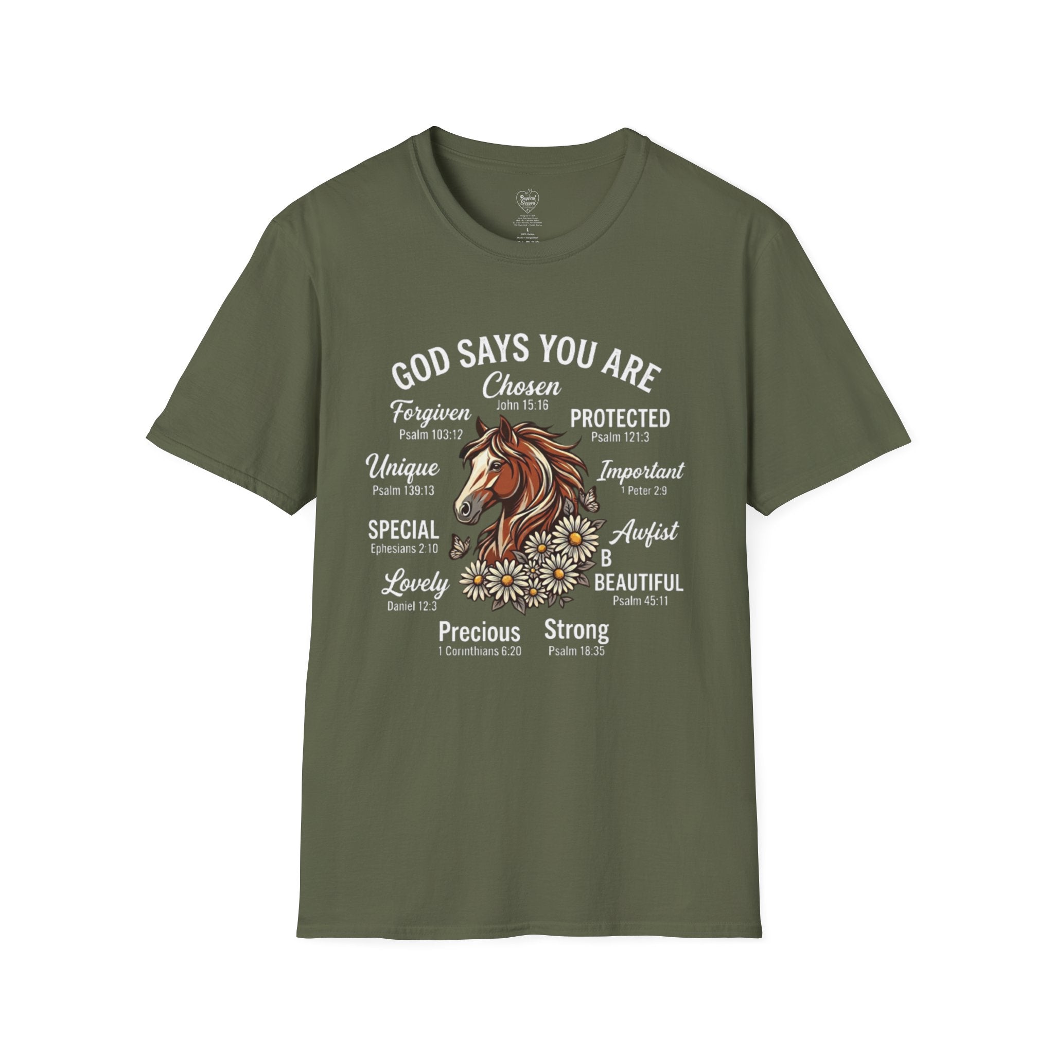 Christian T-Shirt — "God Says You Are" Inspirational Faith Tee Military Green