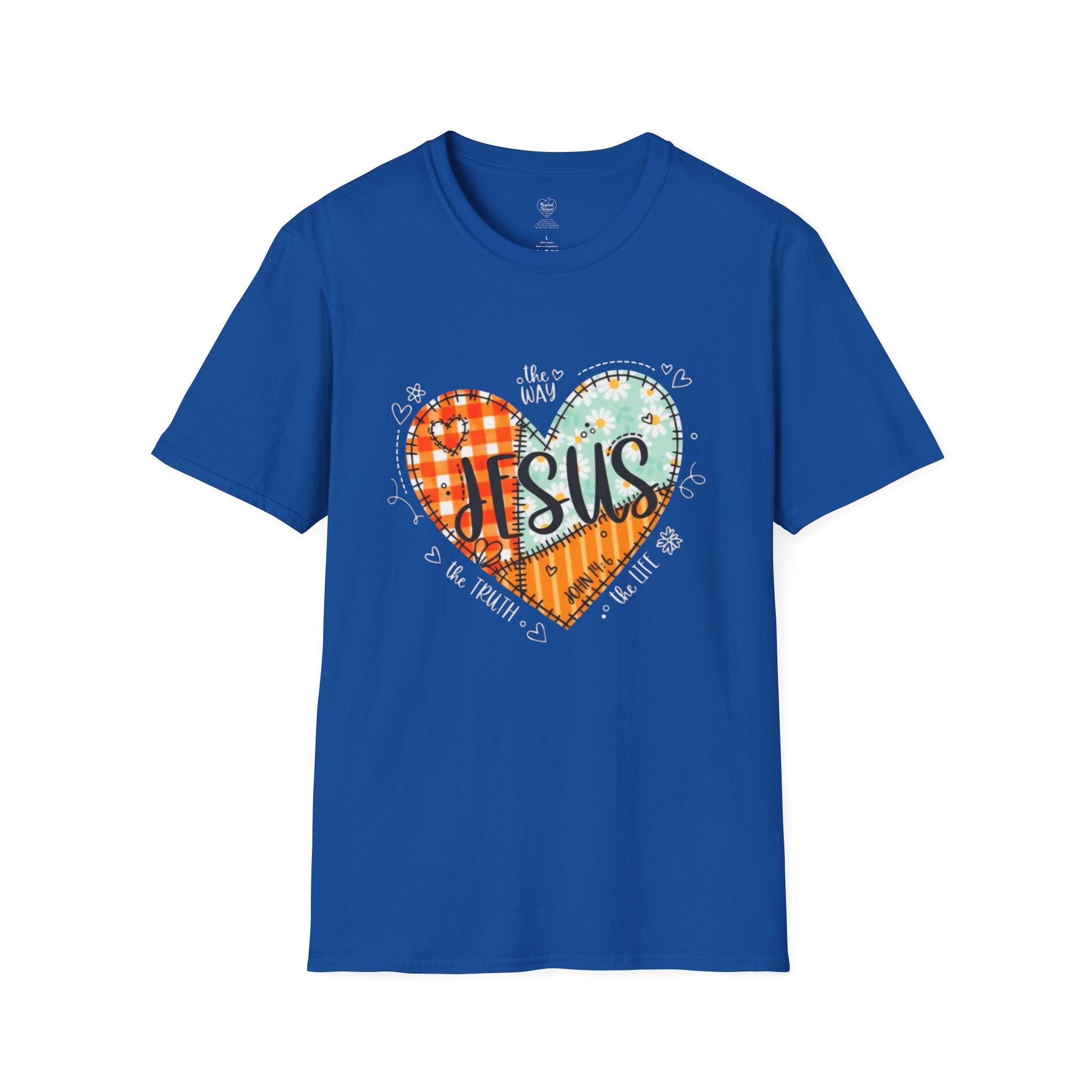 Jesus "The Way, The Truth, The Life" Patchwork Heart T-Shirt Royal