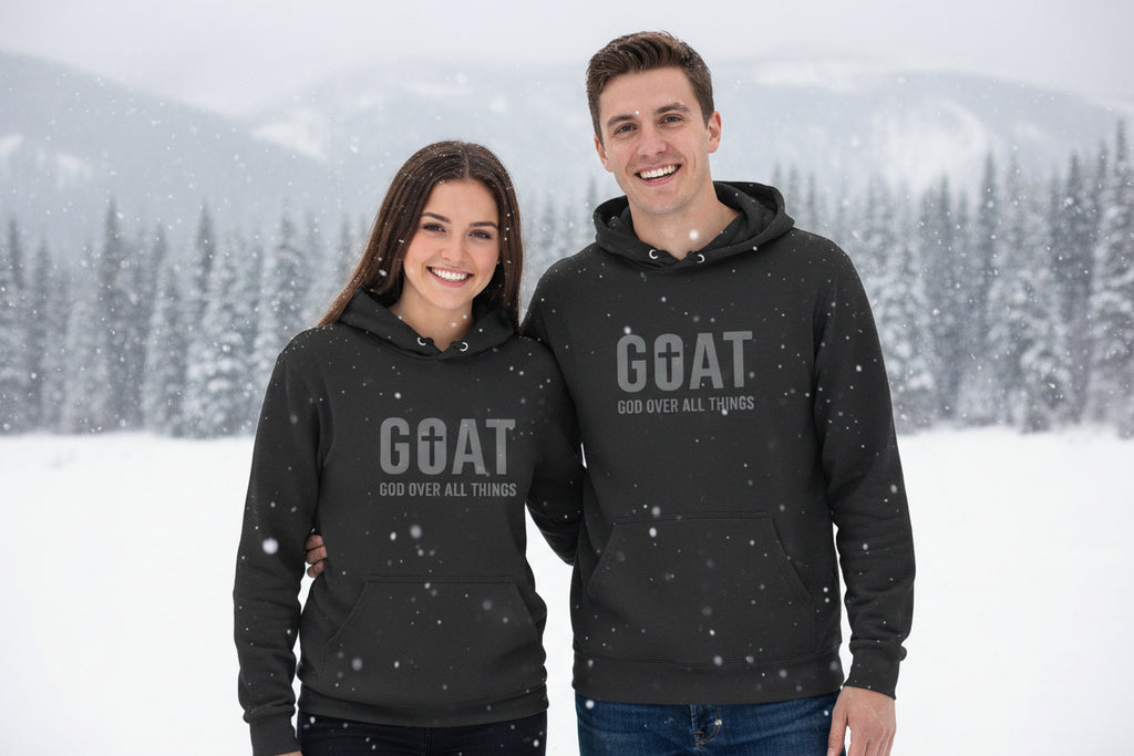 GOAT Hoodie Tee — "God Over All Things" Christian Long-Sleeve Hooded Shirt Charcoal Black TriBlend