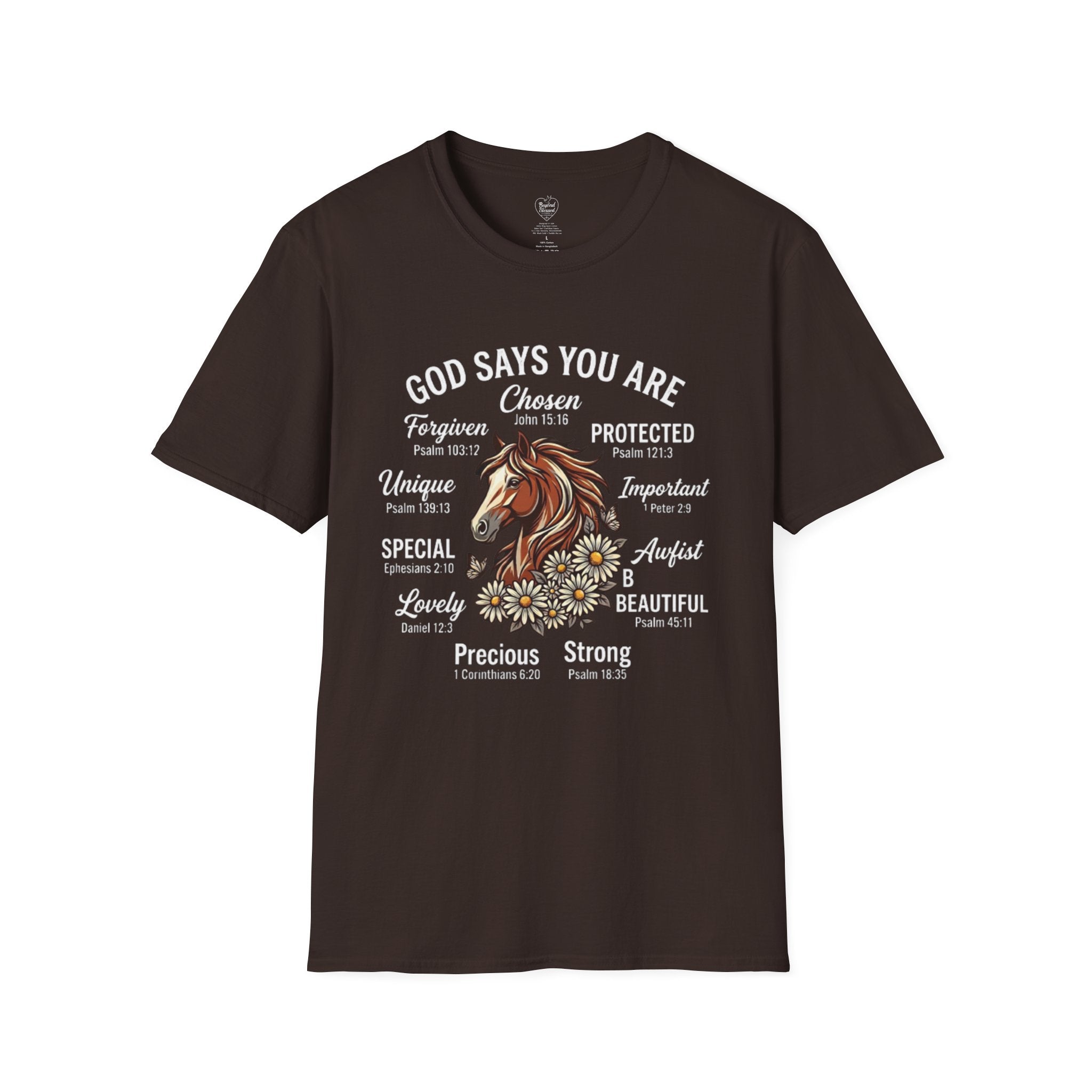 Christian T-Shirt — "God Says You Are" Inspirational Faith Tee Dark Chocolate