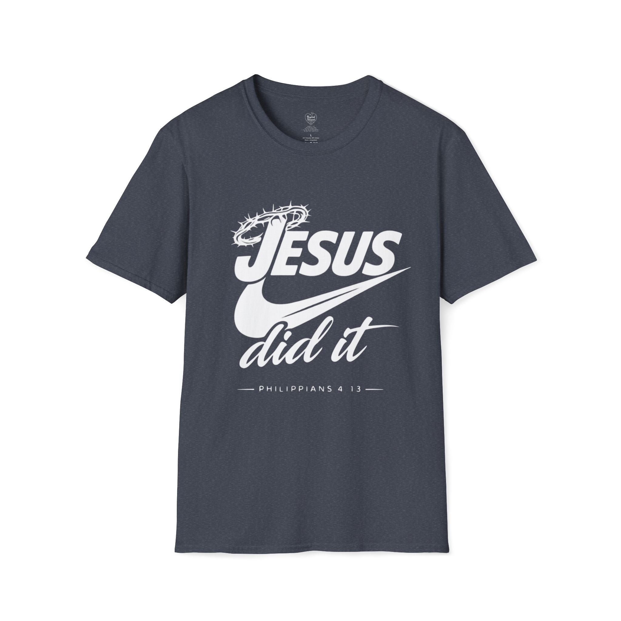 Jesus Did It T-Shirt 2— Philippians 4:13 Crown of Thorns Christian Tee Heather Navy