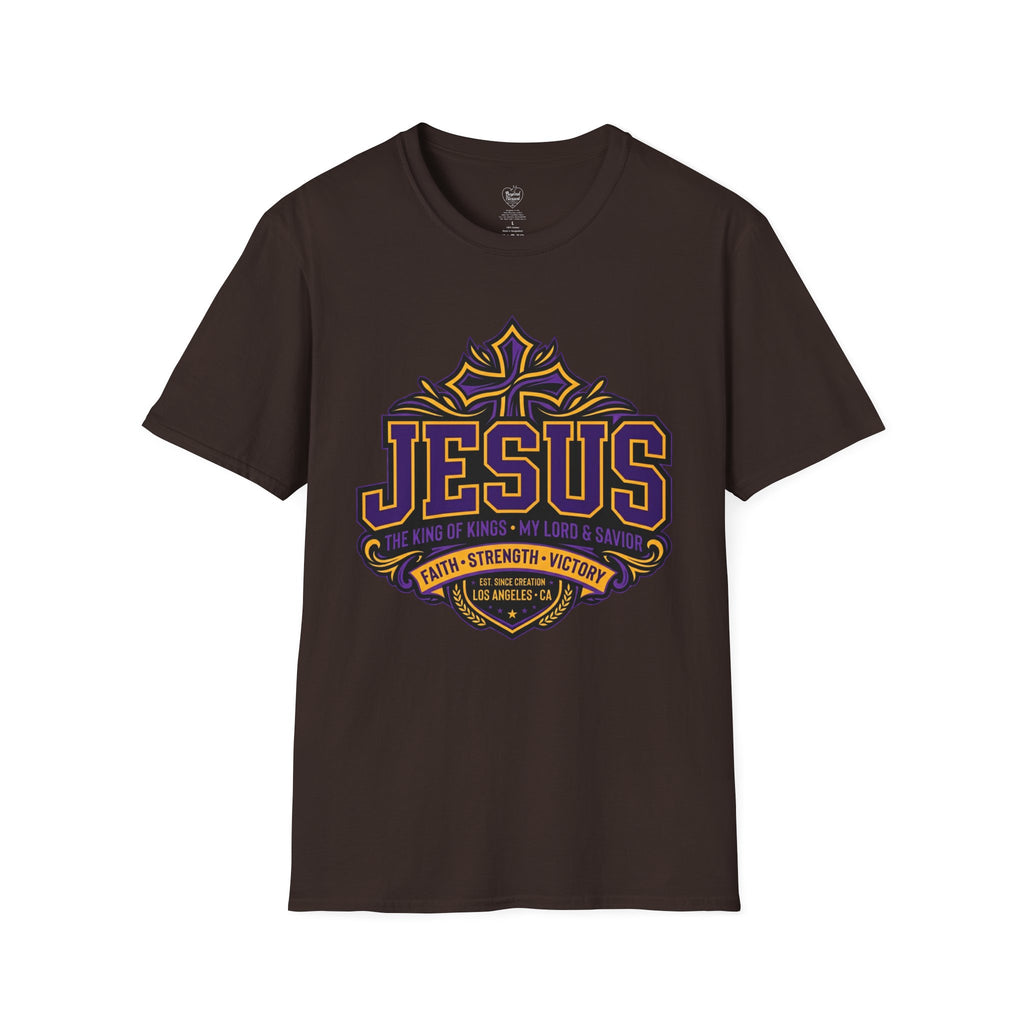 Jesus Christian T-Shirt — Purple & Gold Faith Tee Dark Chocolate