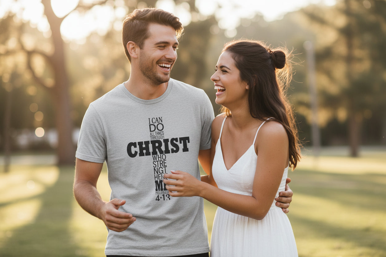 Cross Christian T‑Shirt – I Can Do All Things Through Christ Tee Sport Grey