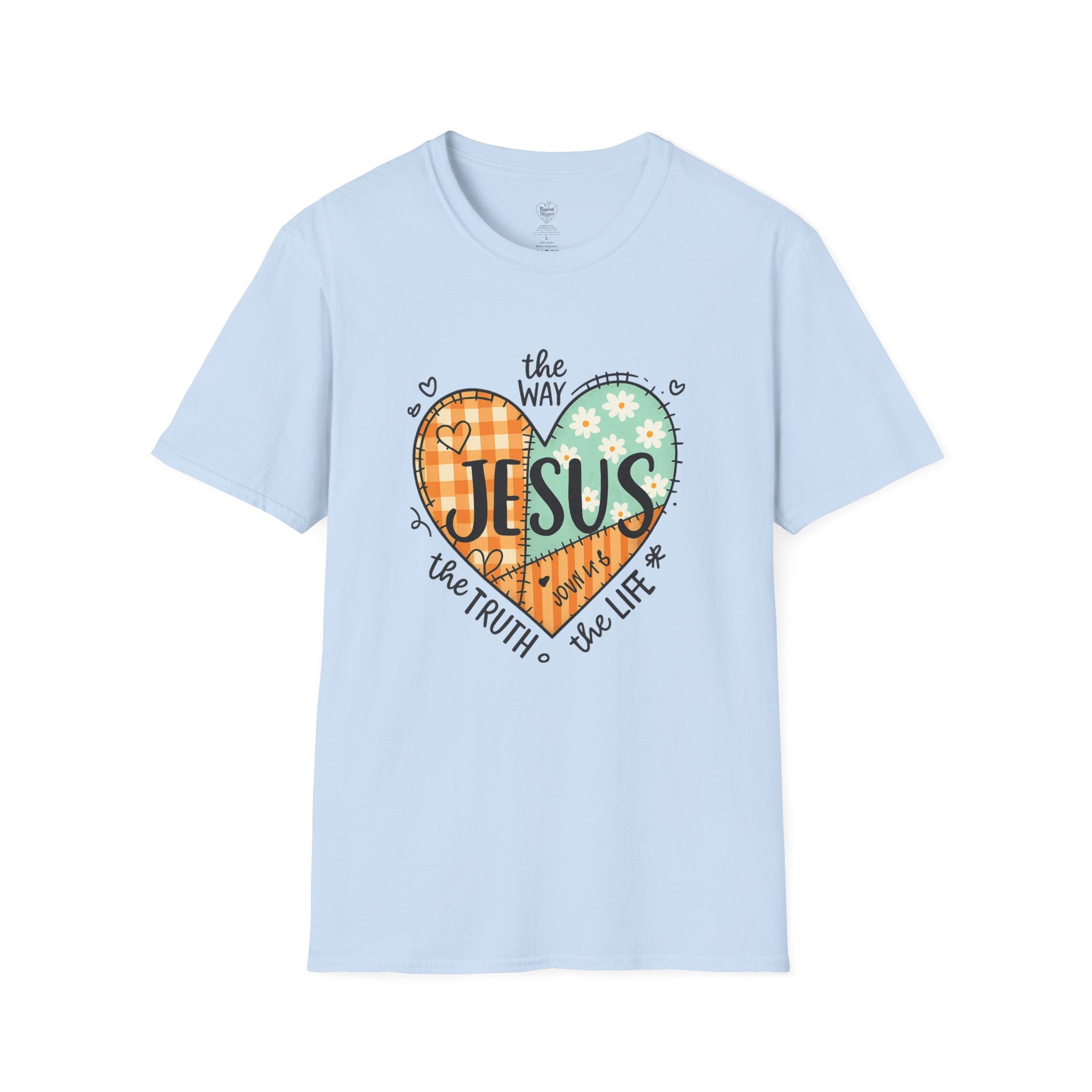 Jesus "The Way, The Truth, The Life" Patchwork Heart T-Shirt Light Blue