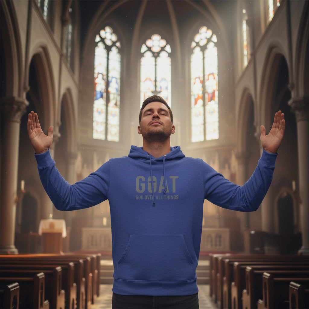 GOAT Hoodie Tee — "God Over All Things" Christian Long-Sleeve Hooded Shirt Heather True Royal
